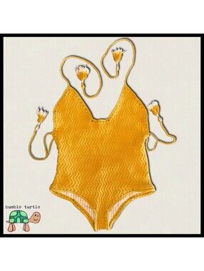 She Made Me Essential Crochet One-Piece Swimsuit S/M Mustard Yellow | EUC